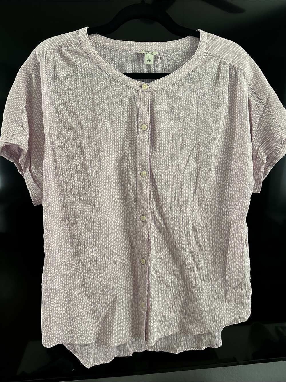 LL Bean Lavender Chevron Print Organic Cotton V Neck Short Sleeve Shirt Sz L